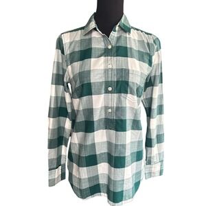 J. Crew Factory Hunter Green & White Plaid Curved Hem Shirt, Size Small/Medium